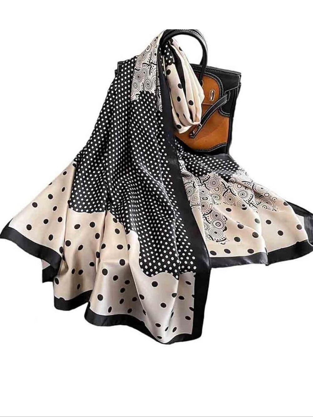 Silk-Feel Polka Dot Border Scarf - Black & Cream